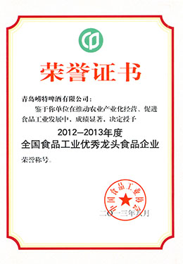 食品工业龙头食品企业荣誉证书